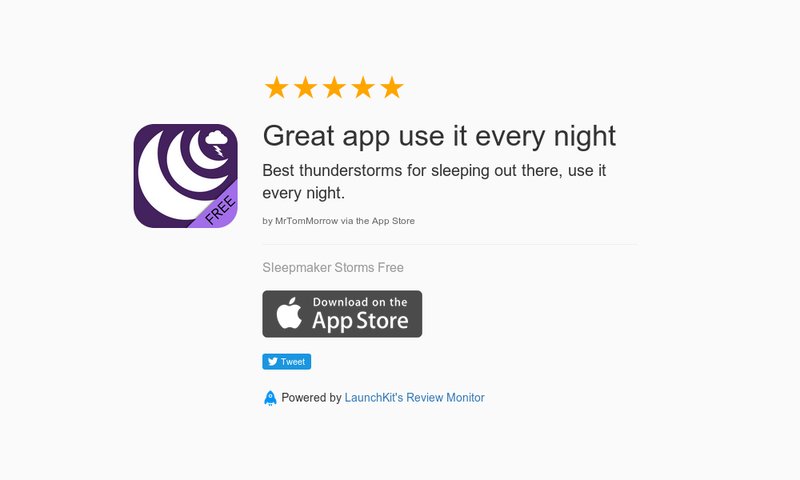 SleepmakerApps's tweet image. 5 Star Review: "Great app use it every night: Best thunderstorms for sleeping out there, u…" launchkit.io/reviews/yACdrz…