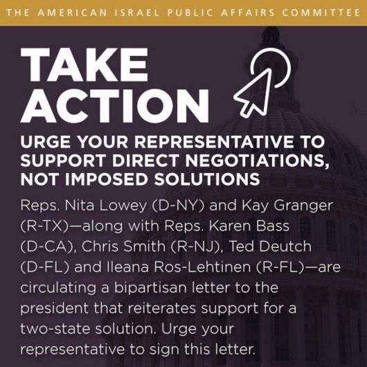 AIPAC's tweet photo. Have you contacted your representative? Support direct #peace talks, not imposed solutions. https://t.co/CaeIfXIFFZ https://t.co/5G7cNUZgxw