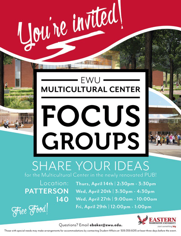 ASEWUeags's tweet photo. Eags! Come to the EWU Multicultural Center Focus Groups! The first one is this Thursday at  2:30-3:30pm  in PAT140! https://t.co/FPnd33DXmq