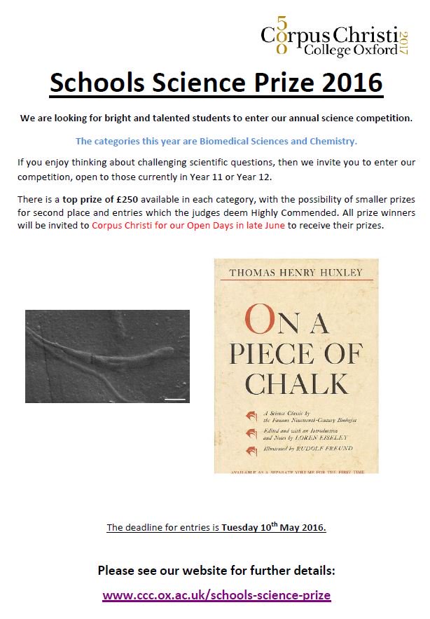 The annual Corpus Schools Science Prize is open for entries, full info online: bit.ly/1bAPSrI #OxOutreach