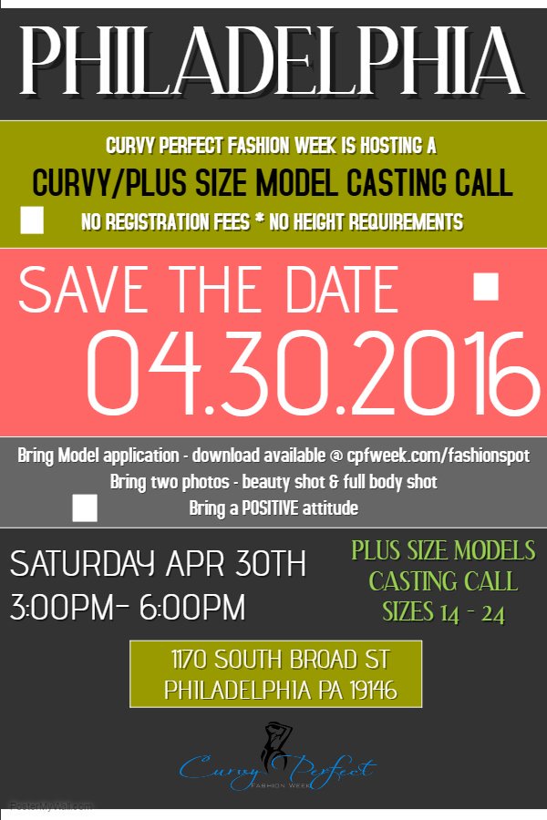 cpfweek's tweet photo. #Philly We're headed to you! #PlusSizemodels be ready! #CurvyPerfect #Curvycasting #PlusSizemodel #Castingcall https://t.co/BlE91g3KnS
