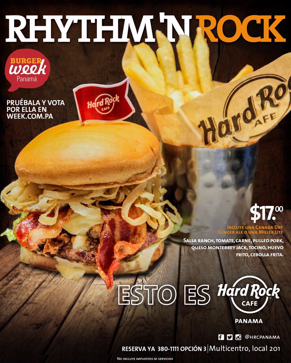 HRCPanama's tweet photo. Estamos participando en el Burger Week Panama 2016 con nuestra hamburguesa Rhythm ´N Rock. Pruébala y vota por ella. https://t.co/7TR7Uht34q