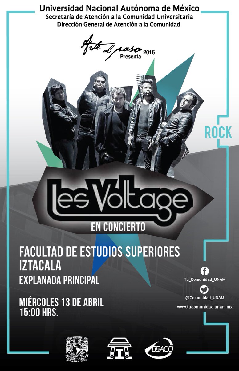 Comunidad_UNAM's tweet photo. Este miércoles 13/abril 13hrs en @FESI_UNAM #concierto con @lesvoltage, ¡no se lo pierdan! #UNAM #ComunidadUNAM https://t.co/CIOVjqdeCg