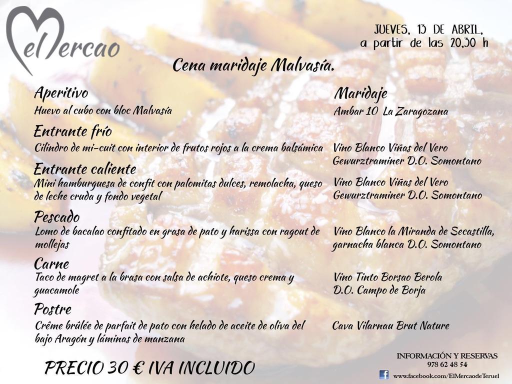 Este jueves no te pierdas nuestra #cena #maridaje #malvasía 
<a href="/mercaodeteruel/">elmercaodeteruel</a> 
Plazas limitadas! Vuela!!!