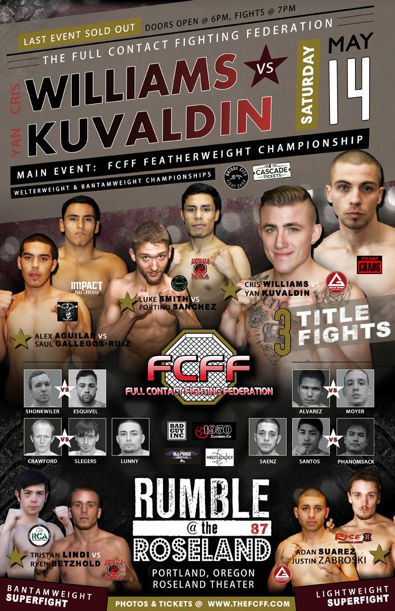 THE_FCFF's tweet photo. Coming to the Roseland Theater on May 14th - #RUMBLE87 #Ticketsonsalenow @BCfightshop #Cascadetickets.com #thefcff https://t.co/jPPr7cF6ql