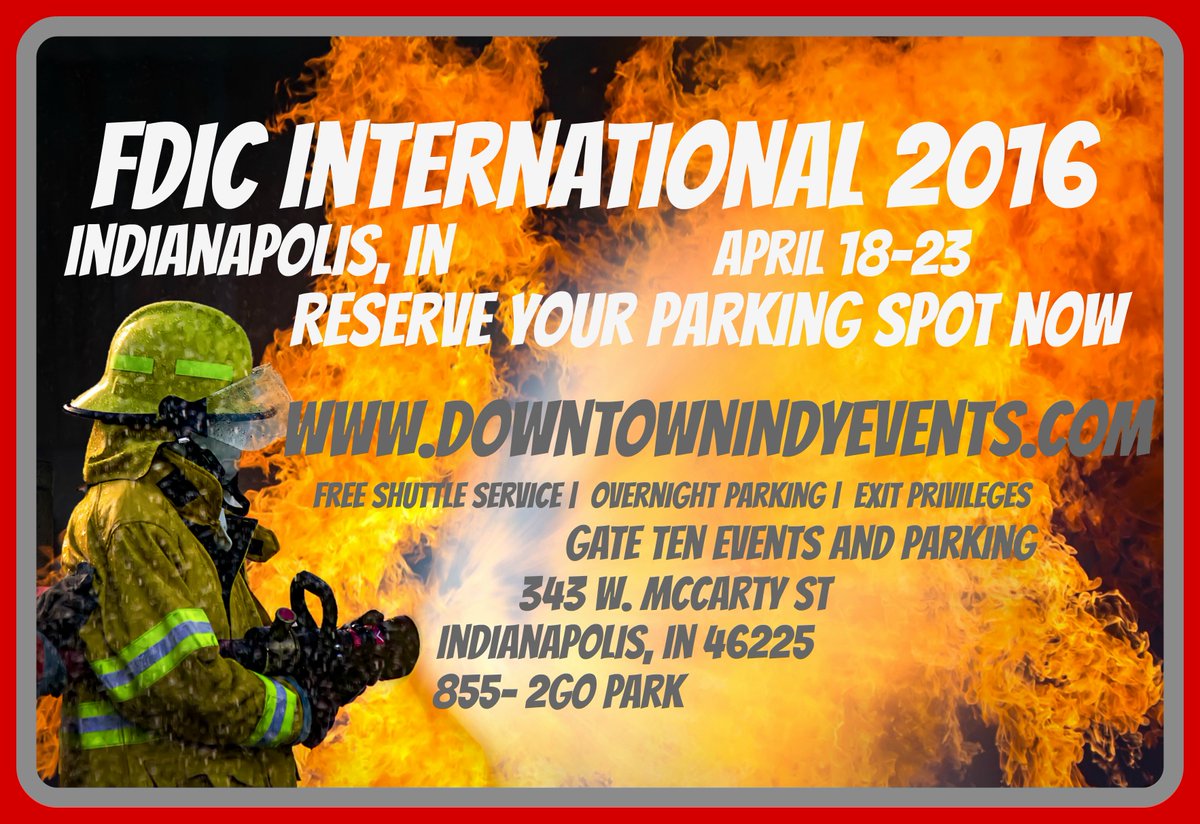 GateTenIndy's tweet photo. @FDIC still have a few remaining reserved discounted parking spaces https://t.co/r5BU6RQXVm #Firefighters #FDIC2016 https://t.co/fXDIuEz354