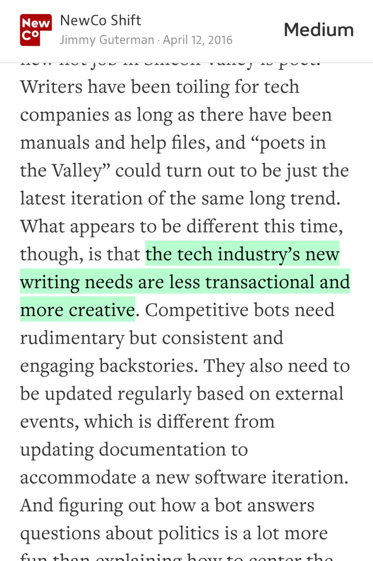 “…the tech industry’s new writing needs are less transactional and more creative…” from “The Evil Streaming Services Do, The Downside of Open, and the Truth About Millennial Debt” by Jimmy Guterman.