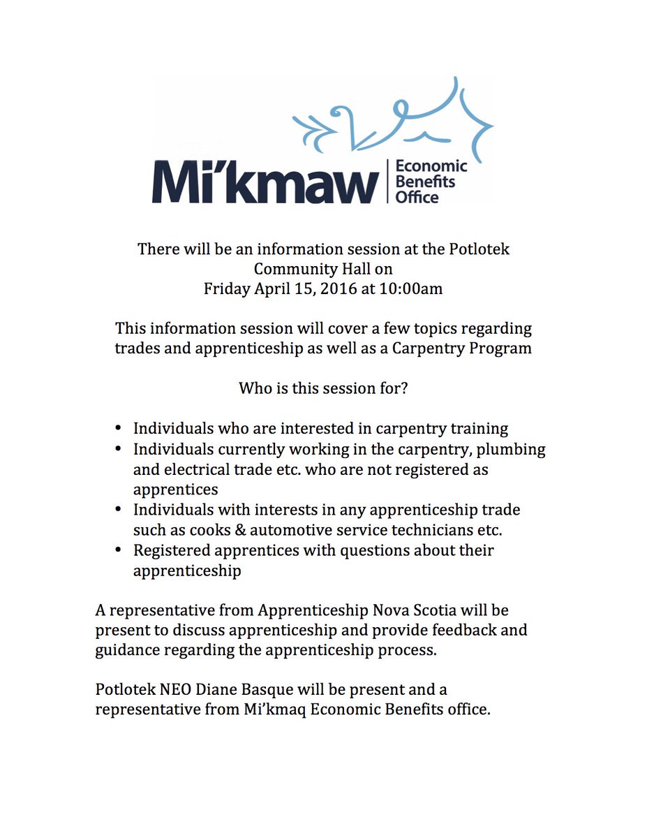 MikmawEBO's tweet photo. Apprenticeship information session at the Potlotek Community Hall on Friday April 15, 2016 at 10:00am come down! https://t.co/Mt61Y4dKcf