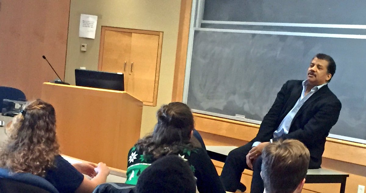 HamiltonCollege's tweet photo. Students hear from the man himself in a Taylor Science Center classroom. #hamiltonscience #neildegrassetyson https://t.co/euCJUxrmwL