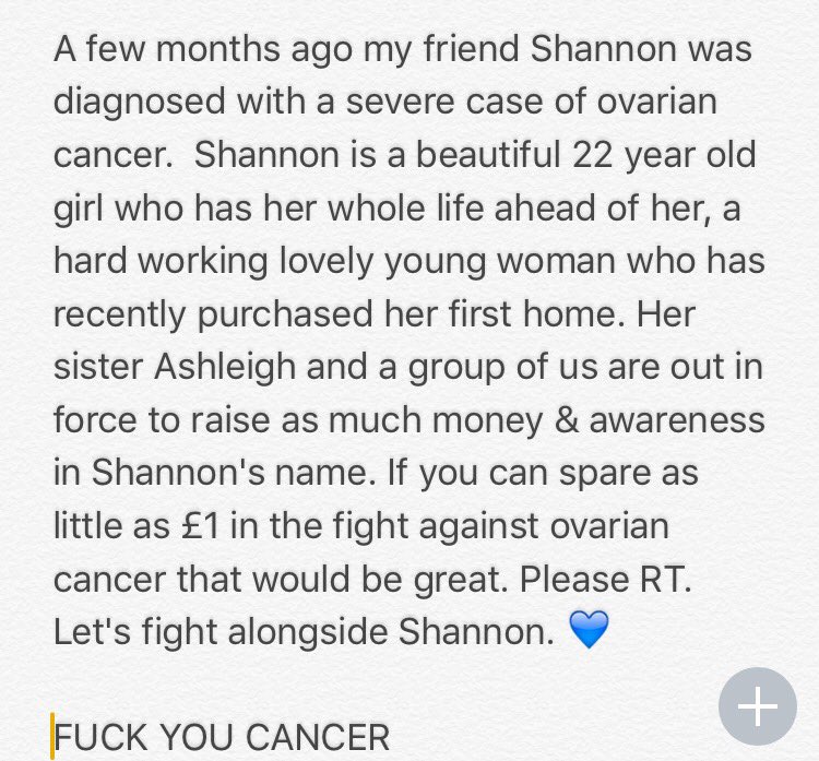 LucasJamesClark's tweet photo. Please read, RT &amp; if you can afford it please donate.Regarding my friend Shannon's diagnoses https://t.co/gbtHr3dkCU https://t.co/aZMcTdc5iB