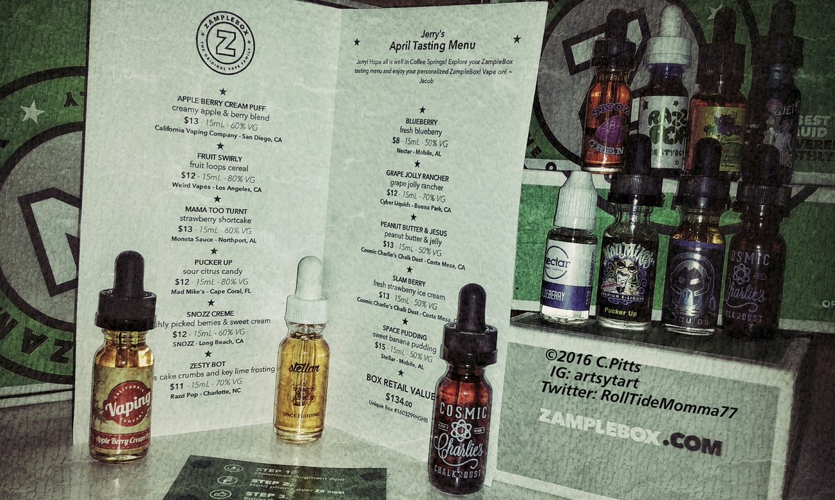 RollTideMomma77's tweet photo. @ZampleBox guess4 fav3 @CaliVapeCo #appleberrycreampuff Stellar #spacepudding Cosmic Charlie's #slamberry #zbfamily https://t.co/8lgmD2RTr5