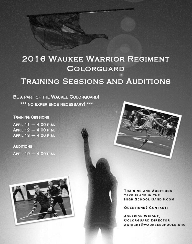 Don’t forget: <a href="/WaukeeGuard/">WaukeeColorGuard</a> training tonight at 4:00, HS band room. Come be a part of something special! #WWR2016