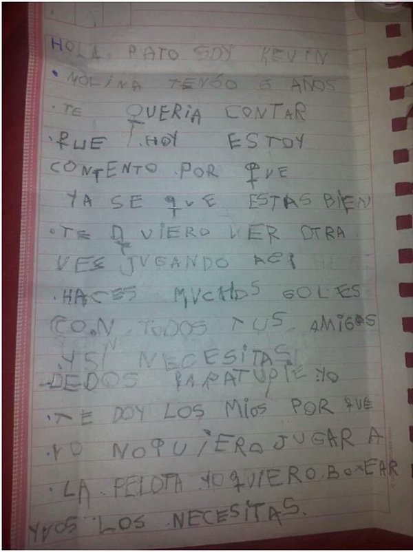 JugadaOcultaFC's tweet photo. Kevin Molina, un niño de tan solo 5 años, le escribió esta conmovedora carta a @patotoranzook ofreciéndole sus dedos https://t.co/OAsQNE1cz9