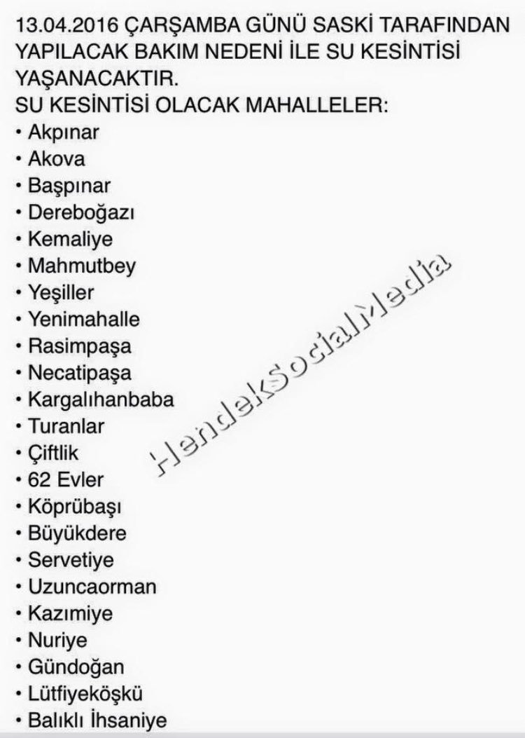 MediaHendek's tweet photo. Yarın suların kesileceği mahalleler https://t.co/TSRXMx36c0