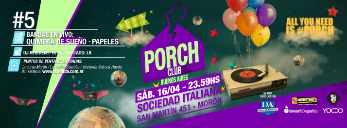 porchclubok's tweet photo. Este sábado, vuelve la fiesta al barrio #Porch / shows de @Papeles_oficial y @qdsrock / DJ @najmias https://t.co/0xxZ2RwcZn