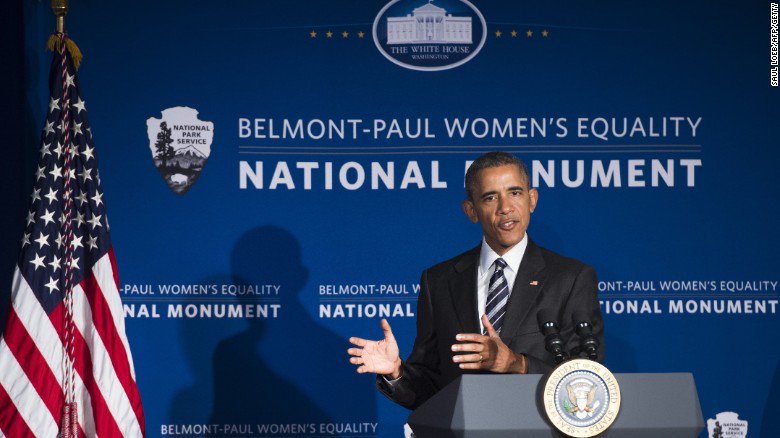 CNNPolitics's tweet photo. On #EqualPayDay, Obama uses the women's equality monument to call for a female president https://t.co/z8r6sMku7E https://t.co/zFRZSoJfXk