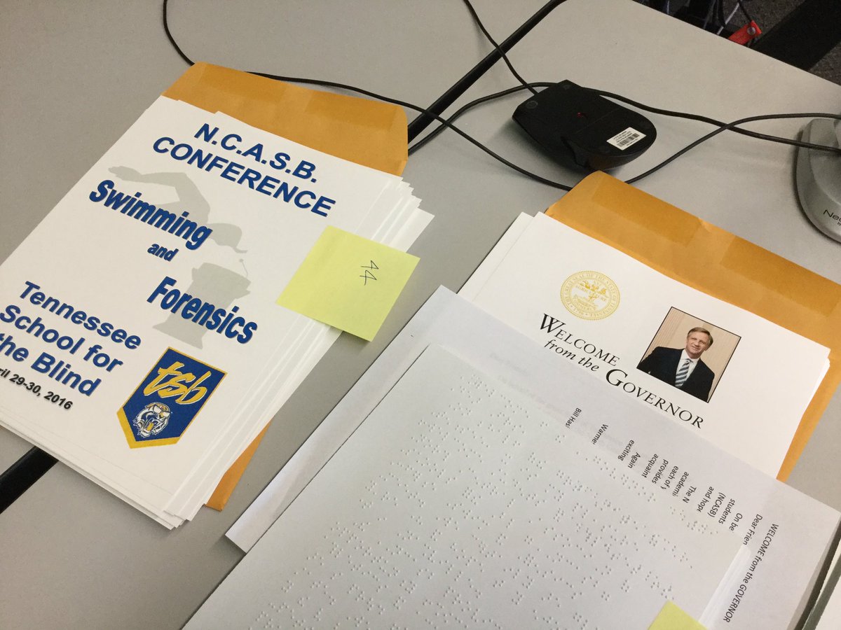 TSB_TechAmandaB's tweet photo. Excited to host the Swim &amp; Forensic Conference! Putting together large print &amp; Braille booklets. @TSB_Tigers https://t.co/yxCGzqgJOK