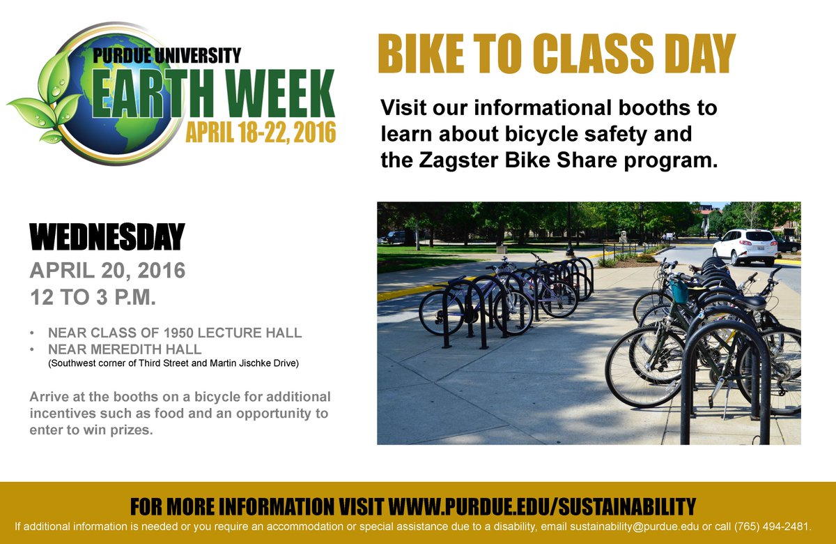 SustainPurdue's tweet photo. Next Wednesday's #EarthWeek2016 event is Bike to Class! Check out our booths and bring your bike #biketoclass https://t.co/IXNE258A5d