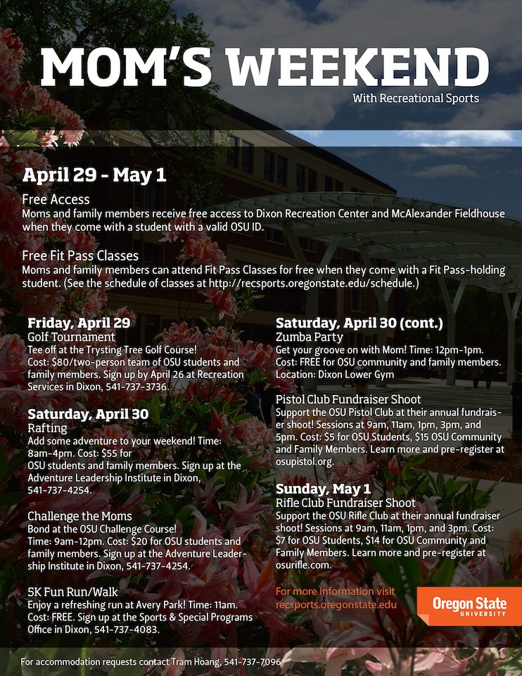 OSURecSports's tweet photo. Our lineup for Mom's weekend is looking awesome! https://t.co/NNznzAooPR