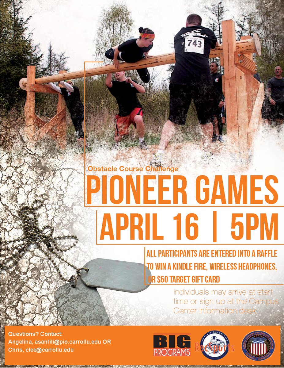 CarrollURec's tweet photo. @carrollu Pioneer Games Saturday 5:00pm! Fun obstacles with Police Fire Navy Marines and more! #gonnabefun #piosmove https://t.co/QFiNJU5ZPz