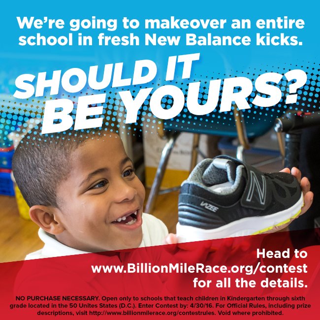 BillionMileRace's tweet image. Win a @NewBalance sneaker makeover for your #school in the @BillionMileRace. Enter &amp;amp; Rules: bit.ly/1VQLRk2