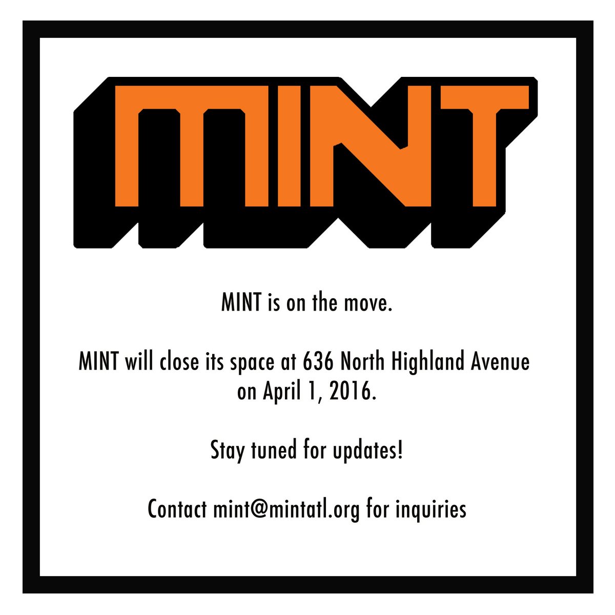 mintatl's tweet image. ICYMI - MINT is on the search for a new home base! Please contact mint@mintatl.org for all questions :) #mintatl