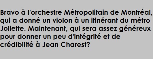 lordsbannisters's tweet photo. Beau geste de charité au métro Joliette. Il ne faut pas oublier les autres gens dans le besoin, comme Jean Charest. https://t.co/SUEHofWx1O