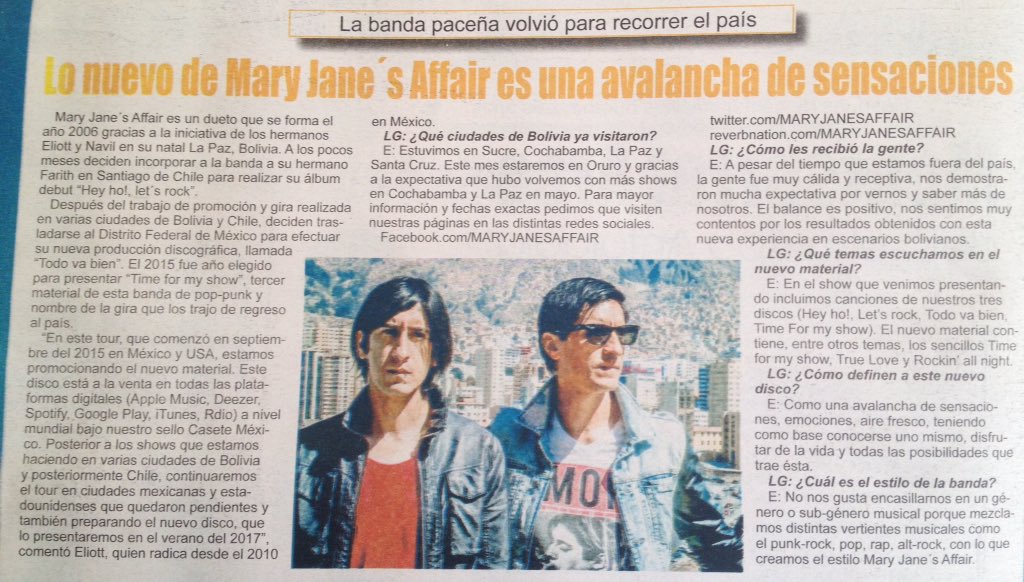 MARYJANESAFFAIR's tweet image. Muchas gracias a La Guía de El Diario por la nota!!!
eldiario.net/noticias/2016/…
#TimeForMyShow #Bolivia #musica