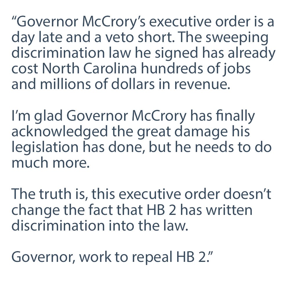 .<a href="/PatMcCroryNC/">Pat McCrory</a>'s executive order is a day late and a veto short. Read my full statement here: