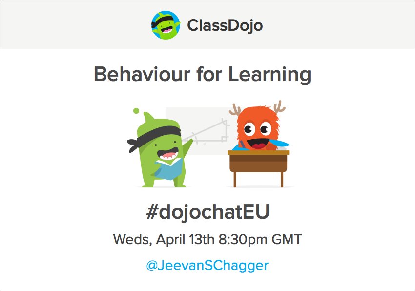 ClassDojo's tweet image. Join us tmrw at 8:30pm GMT for #dojochatEU with @JeevanSChagger! Topic: Behaviour for learning 😀 #ukedchat #edchatie