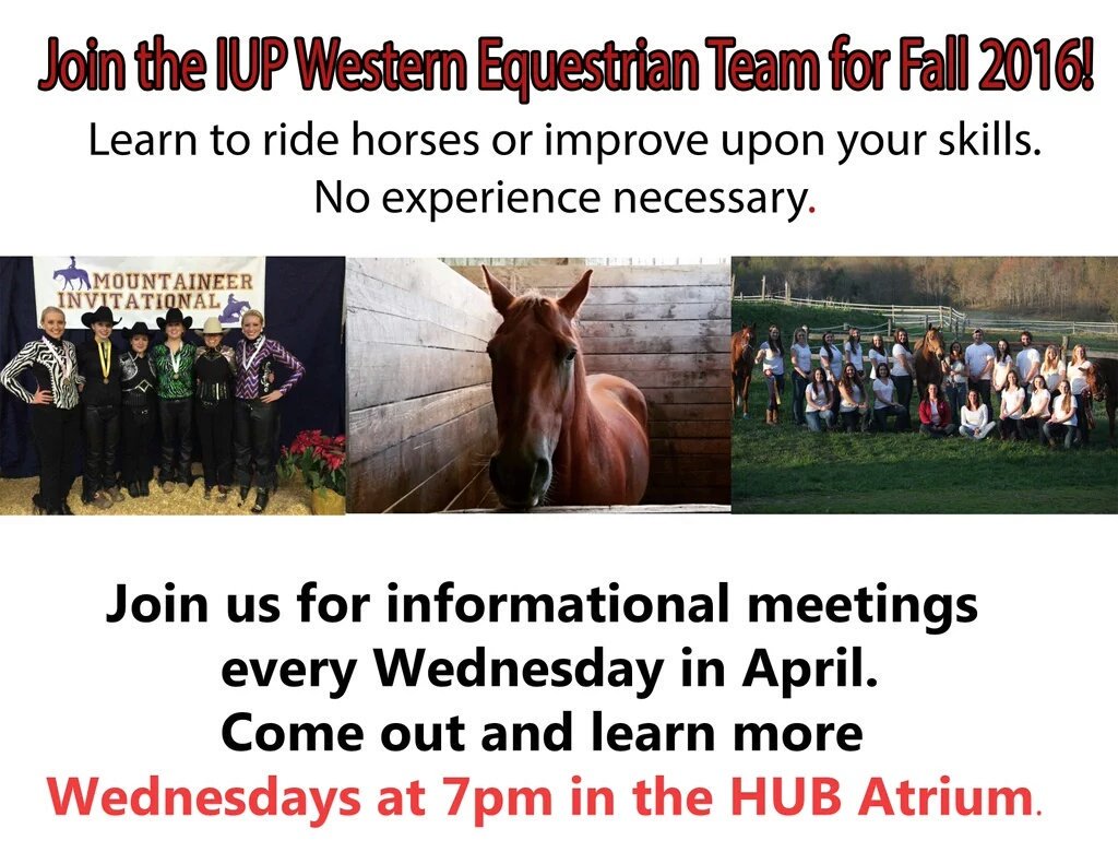 Join us! Learn to ride horses next semester. No experience necessary. Informational meeting this Wed. <a href="/AsSeenAtIUP/">AsSeenAtIUP</a>