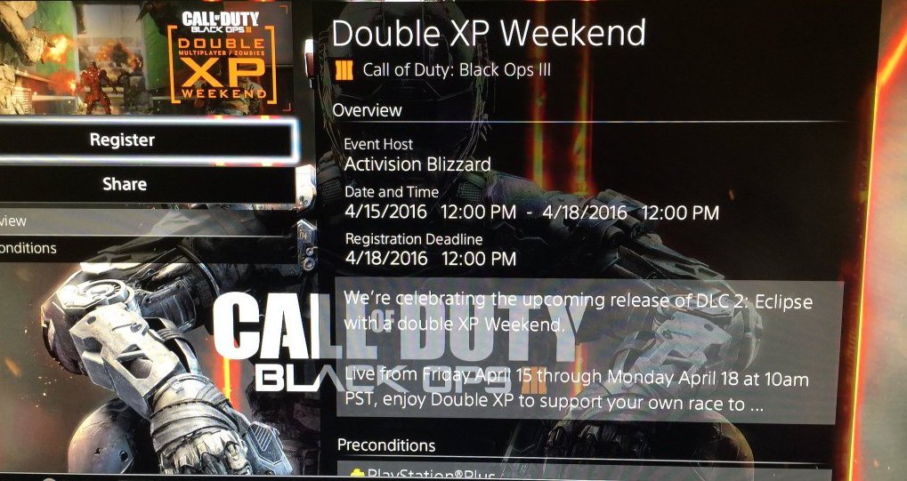 charlieINTEL's tweet photo. NEWS: PlayStation Events section has revealed Double XP is coming to #BlackOps3 this weekend https://t.co/SuAIF3jyT8 https://t.co/tWBa6YU7Qu