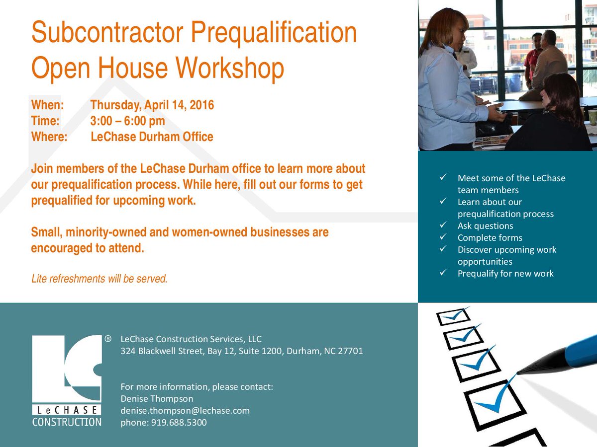 HCACarolinas's tweet photo. Interested in doing business with #LechaseConstruction? Don't miss their #Subcontractor Open House this Thursday https://t.co/5x27DviG9j