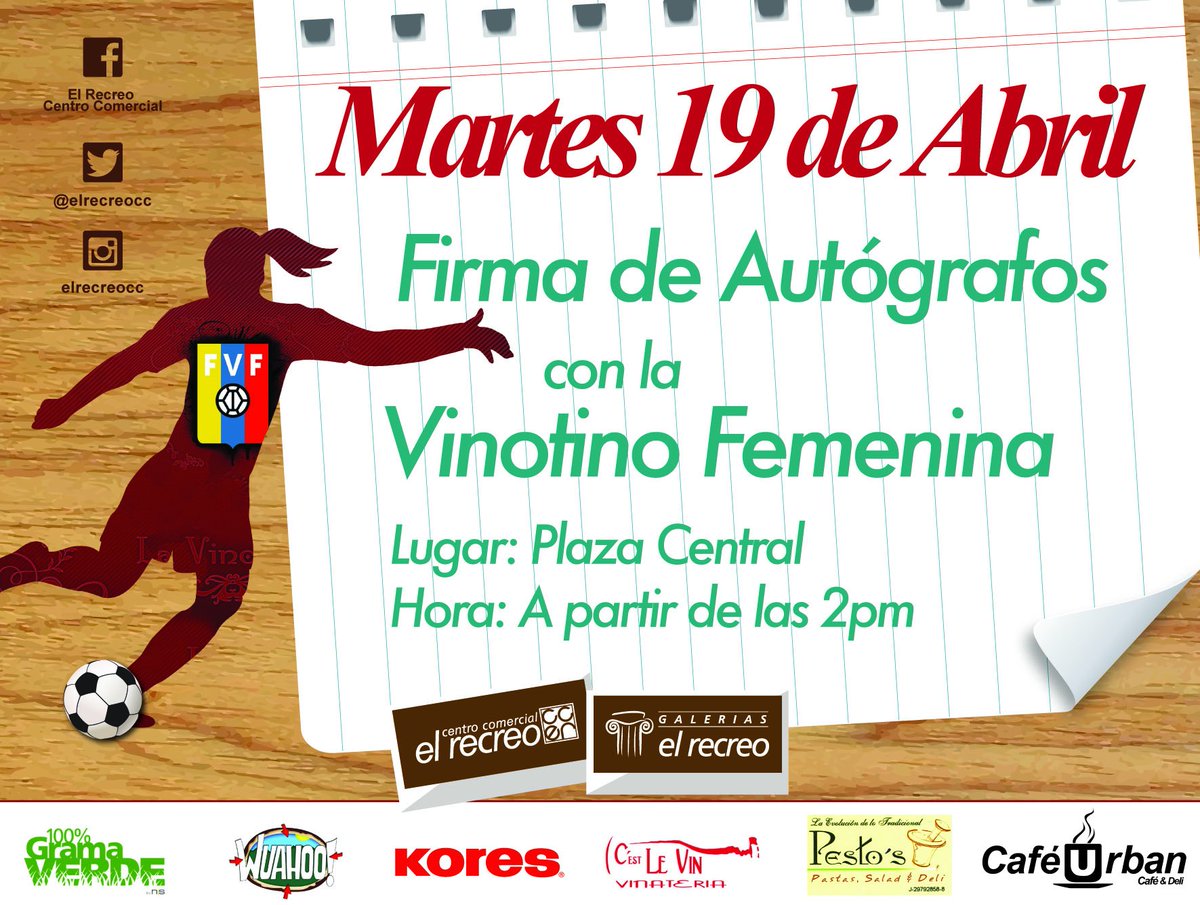 elrecreocc's tweet photo. ¡NO TE LO PIERDAS! Este 19 de abril tendremos a las Campeonas de la #VinotintoFemenina en la Plaza Central https://t.co/o7iPrNGLBA