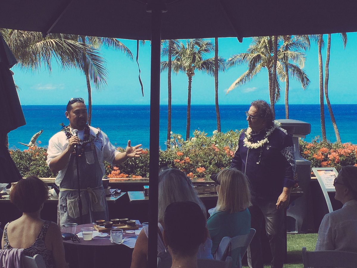 HyattMaui's tweet photo. Chef Gevin welcomes Chef Vikram! Aloha! #cookingwithoutborders #kaanapali @EatDrinkVijs https://t.co/RCN8MtV7pV