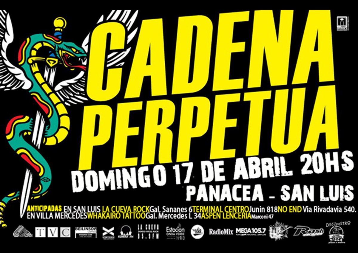El domingo todos invitados a Cadena Perpetua en <a href="/PanaceaBar/">Panacea Bar</a> !! Estaremos acompañandolos en su visita a San Luis!