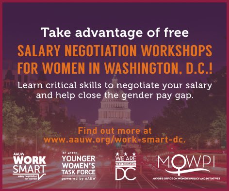 AAUW's tweet photo. We're proud to announce our free salary negotiation workshops for DC women! @DCMOWPI @YWTFDC #EqualPayDay #EqualPay https://t.co/T5UO30ZDSo