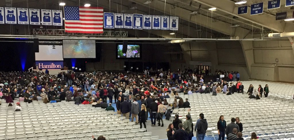 HamiltonCollege's tweet photo. People are starting to fill the fieldhouse for Neil deGrasse Tyson. #hamiltonscience https://t.co/ms52BmEp1k