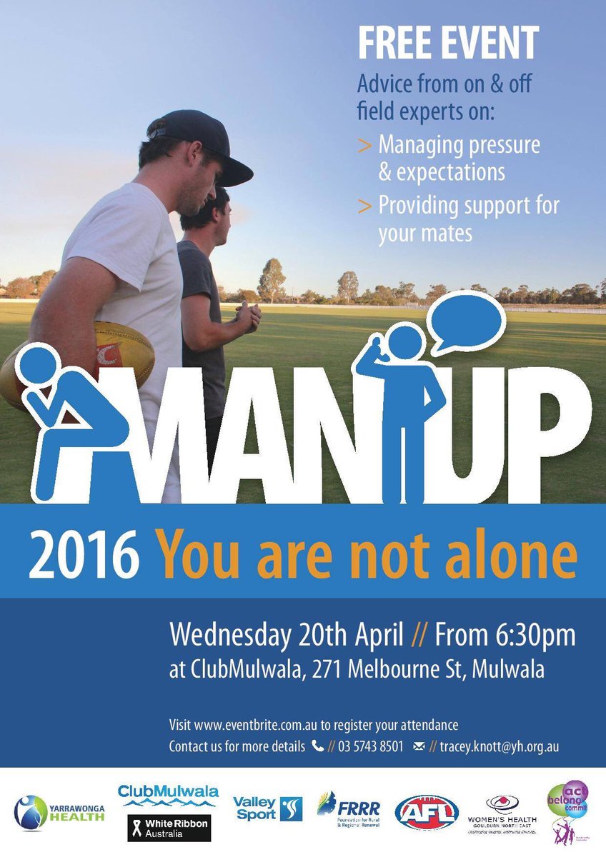 ValleySport's tweet photo. Man Up event in Mulwala! Encourage males from sports clubs to attend. Great speakers @sjwhogan Luke Brennan #manup https://t.co/6CHWFdruSD