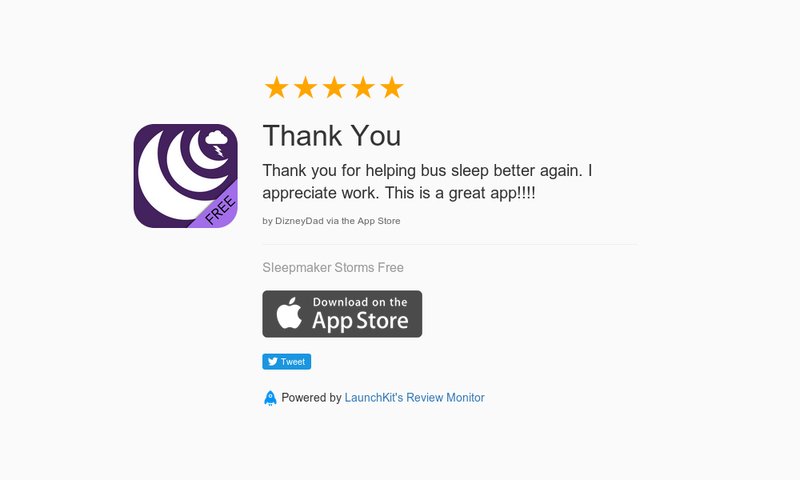 SleepmakerApps's tweet image. 5 Star Review: "Thank You: Thank you for helping bus sleep better again. I appreciate work…" launchkit.io/reviews/XvCD9C…