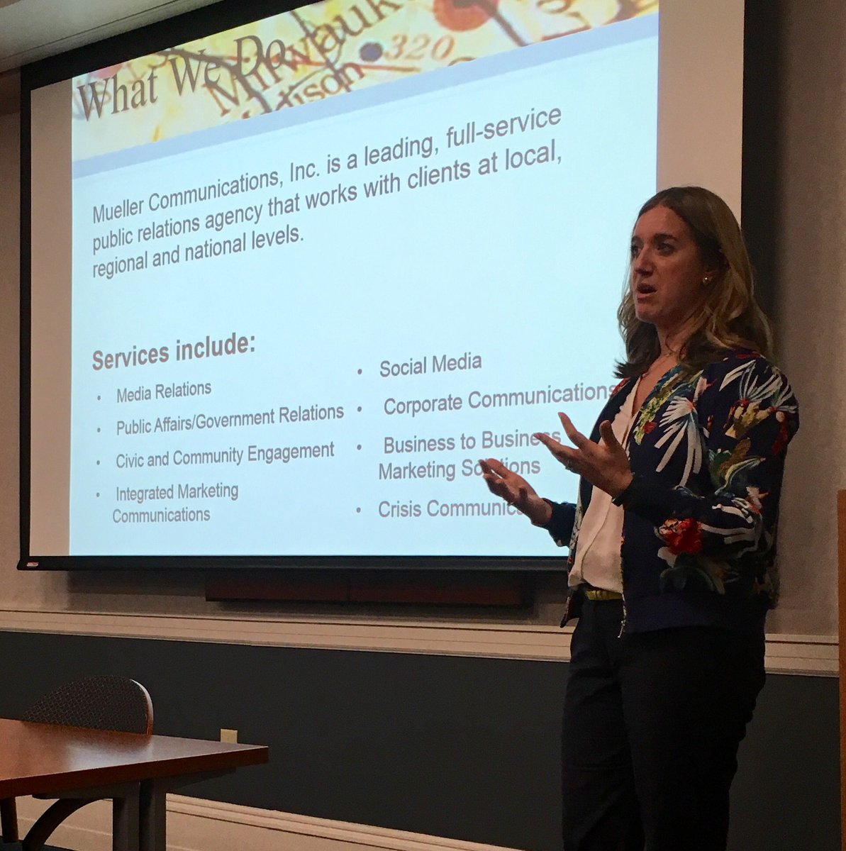 FvrythingPR's tweet photo. . @l_richards talks about what PR services @MuellerComm offer to clients. #muprssa https://t.co/JiIvO1tFR4