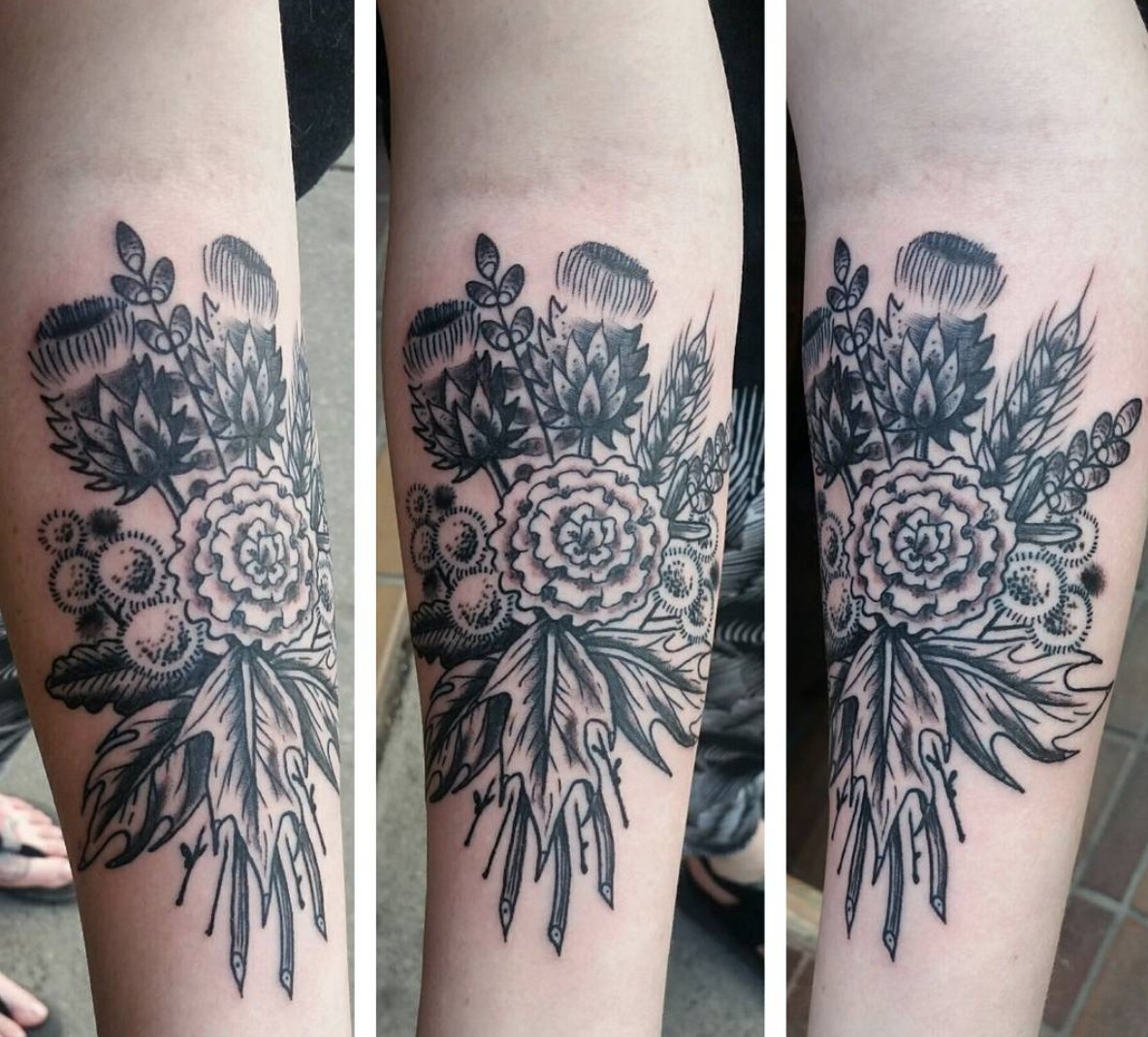 flowertattoo by #alexzgud A #bouquet of thistle, lavender, wheat, marigold,  and mimosa. #witchtattoo #blackwork, image size:1184x1070