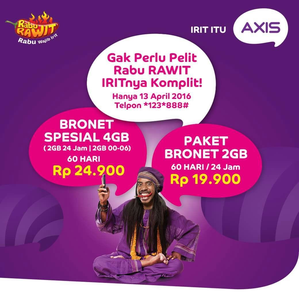 Gak Perlu Pelit #RabuRawit Iritnya Komplit!! Bronet Spesial 4GB 60D 24.900. Bronet 2GB 60D 24J 19.900 Cek *123*888#