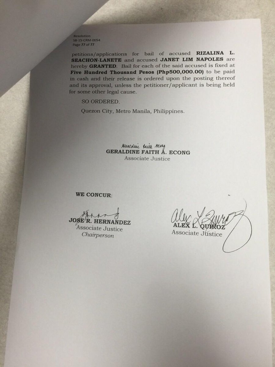 newswatchplusph's tweet photo. BREAKING: Sandiganbayan 4th division grants Gov. Rizalina Lanete, Janet Lim-Napoles bail petition. | @AC_Nicholls https://t.co/tWFhYj1fWL