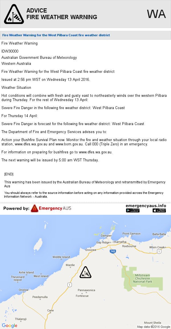 WA [ADVICE] FIRE WEATHER WARNING - West Pilbara Coast 13/04 2:56pm AWST #BOM bom.gov.au/wa/warnings/fi…