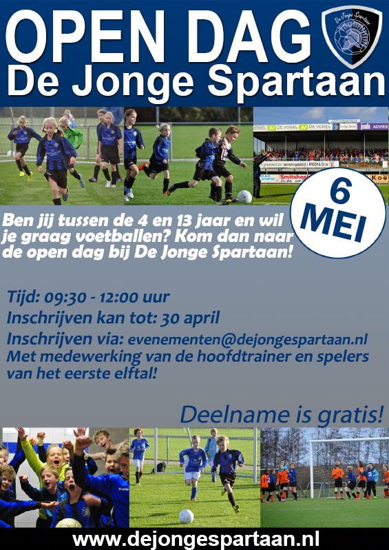 Ben jij tussen de 4 en 13 jaar en wil je graag voetballen? Kom dan naar de open dag bij De Jonge Spartaan!