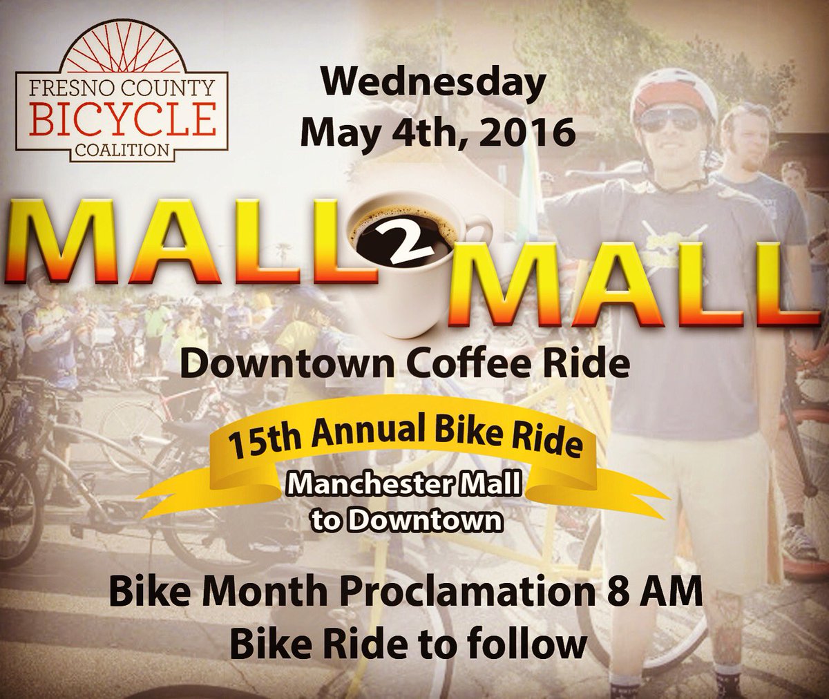 fresnobike's tweet photo. 15th Mall2Mall Ride! Gather at Manchester by ~8:15; group ride downtown for coffee from @RoveWild! #downtownfresno https://t.co/AnwuJs8Y20