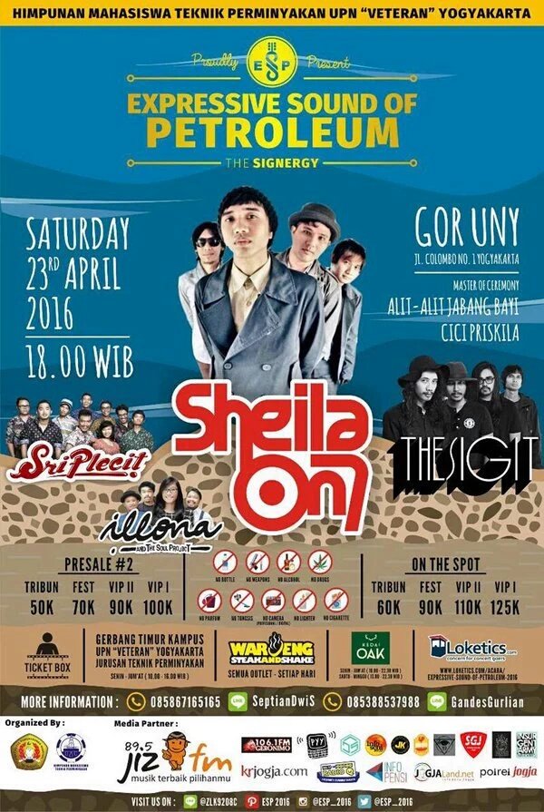 InfoMusikJogja's tweet photo. 23 April 2016 | Expressive Sound of Petroleum | @sheilaon7 @thesigit @sriplecit | GOR UNY @ESP_2016 https://t.co/maqpAXC1Gf