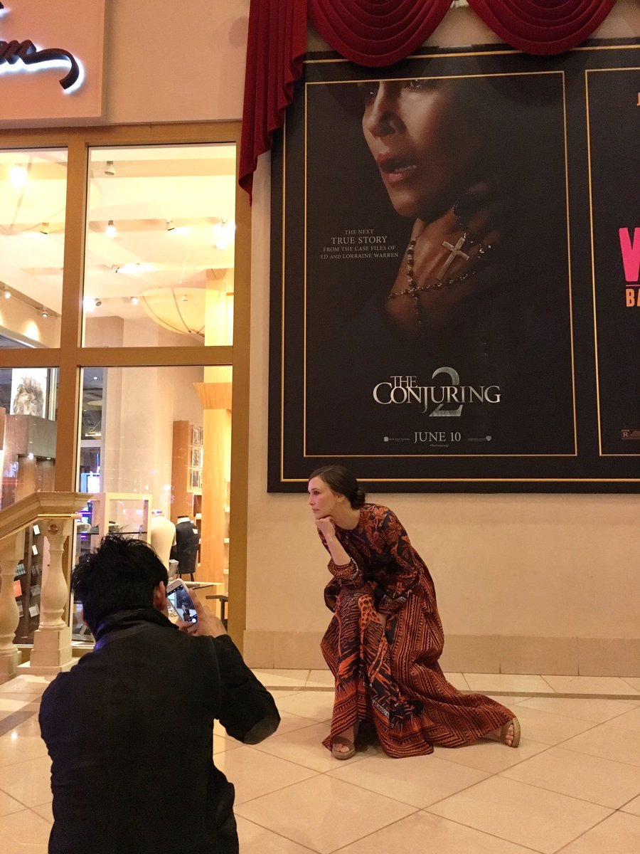 VeraFarmiga's tweet photo. What up.  W/ my fave director @creepypuppet &amp; fave costar @patrickwilson73 in Vegas, wearing a giraffe print dress. https://t.co/MmwUCrreBN