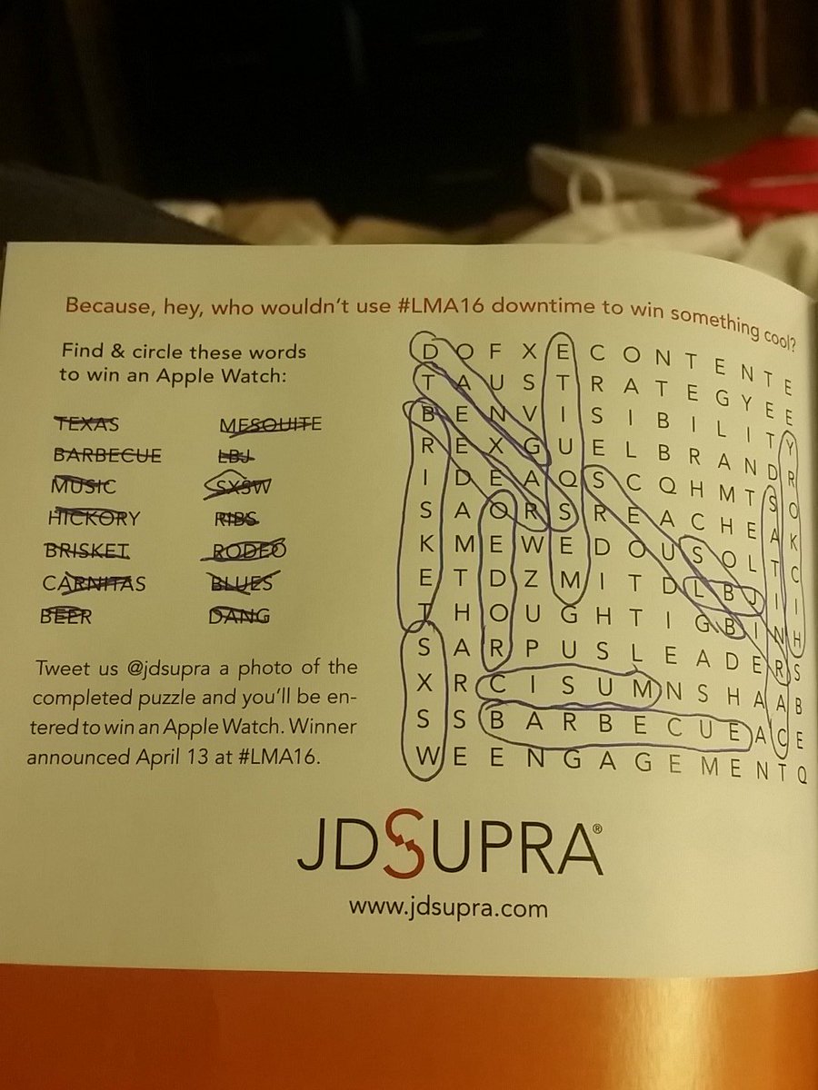 dgoble88's tweet photo. Finally finished the crossword and definitely found some extra words! @jdsupra #LMA16 https://t.co/VBzv5EC5jm